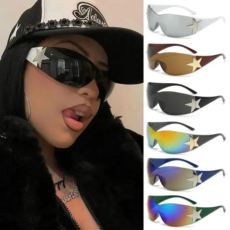 Y2K Punk Star Decor Rimless One Piece Wrap Around Sunglasses For Men Women, UV Protective Non-Polarized Polycarbonate Lens Street Fashion Eyewear