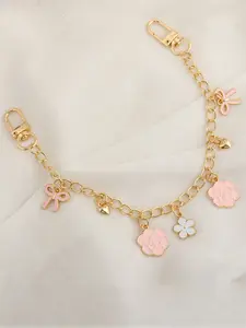Pink Bow Camellia Flower Bag Chain Charms, Fashion Bag Charms – Gold Metal Handbag Decor Strap with Double Lobster Clasps, Sweet Girly Bag Pendant Chain for Purse Backpack, Ideal for Romantic & Coquette Style Lovers