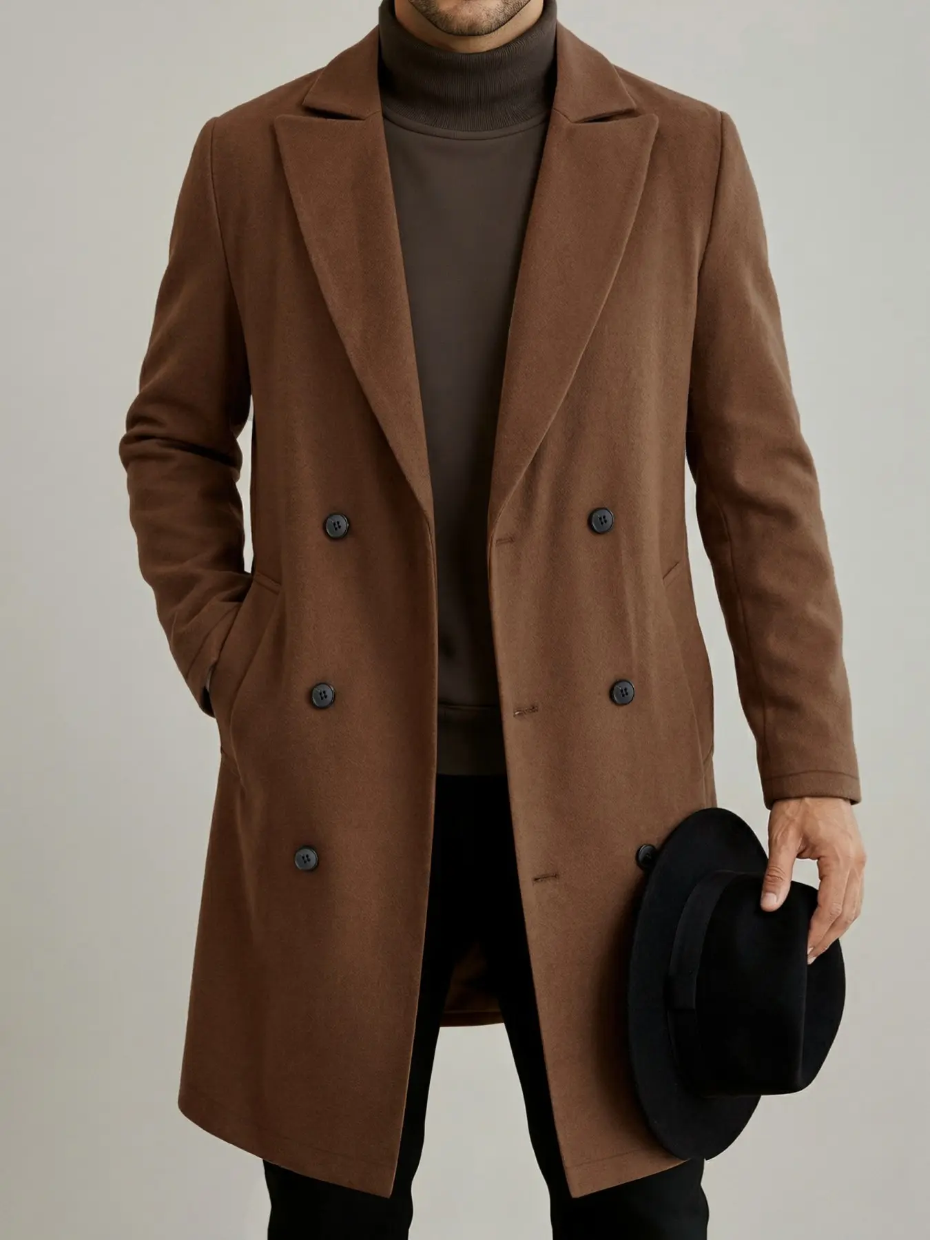 Men's Classic Double-Breasted Trench Coat, Medium-Length Versatile Business Outerwear, Casual Loose-Fit Solid Pattern, Spring & Fall, Double Breasted Jackets