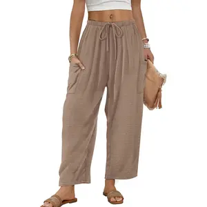 Wide Leg Pants for Women Barrel Flowy Palazzo Elastic Waist Trousers with Pockets Summer Beach Vacation Outfits