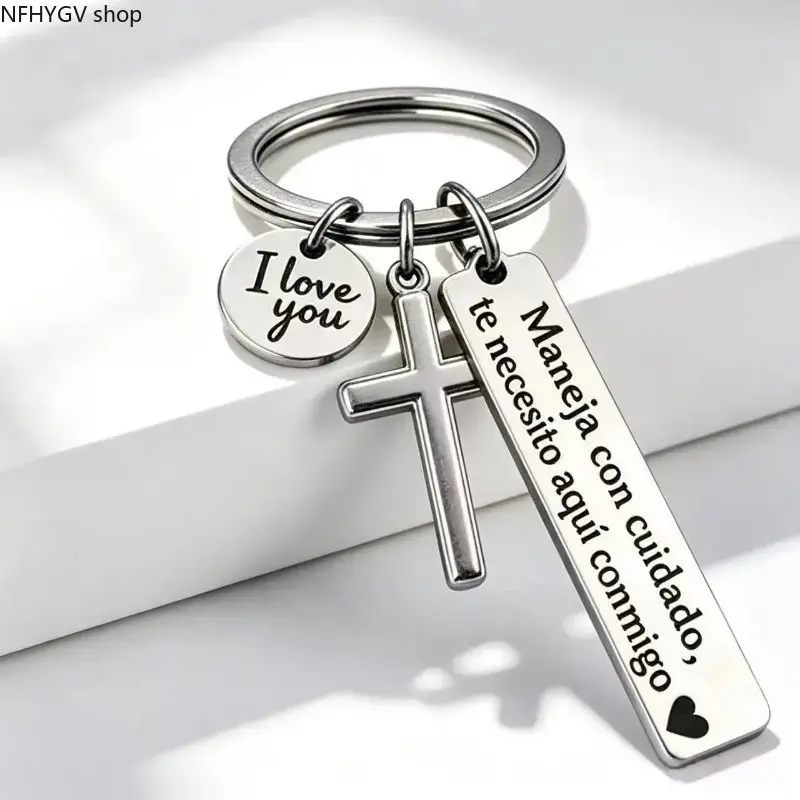 【Summervibes】Spanish Drive Safe Stainless Steel Keychain With Cross And I Love You Charms, Sweet Religious Romantic Pendant Portable Daily Carry Accessory, Heartfelt Meaningful Gift For Family Lovers And All Special Occasions