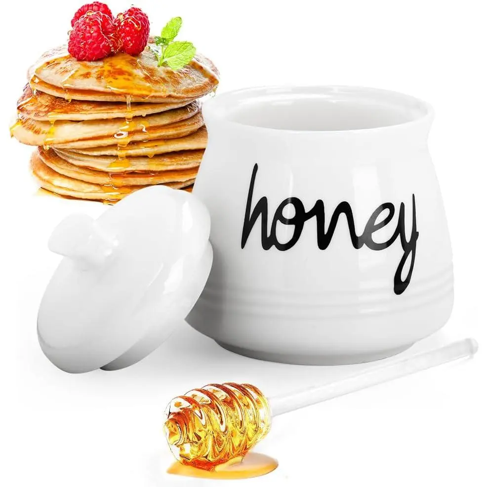 Porcelain Honey Pot with Lid and Glass Honey Stick, 12oz Ceramic Honey Dispenser with Dipper for  Kitchen