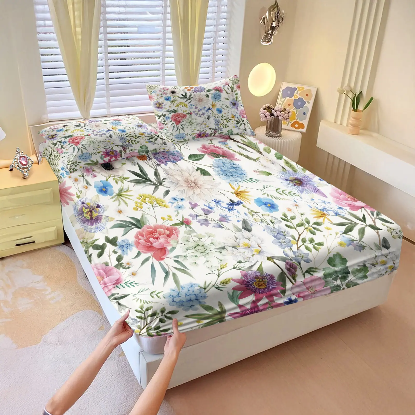 3Pcs Watercolor Floral Fitted Sheet Set, various pastoral hand-drawn patterns, non-slip breathable fade-resistant, for renters & family use, Floral Bedding Set