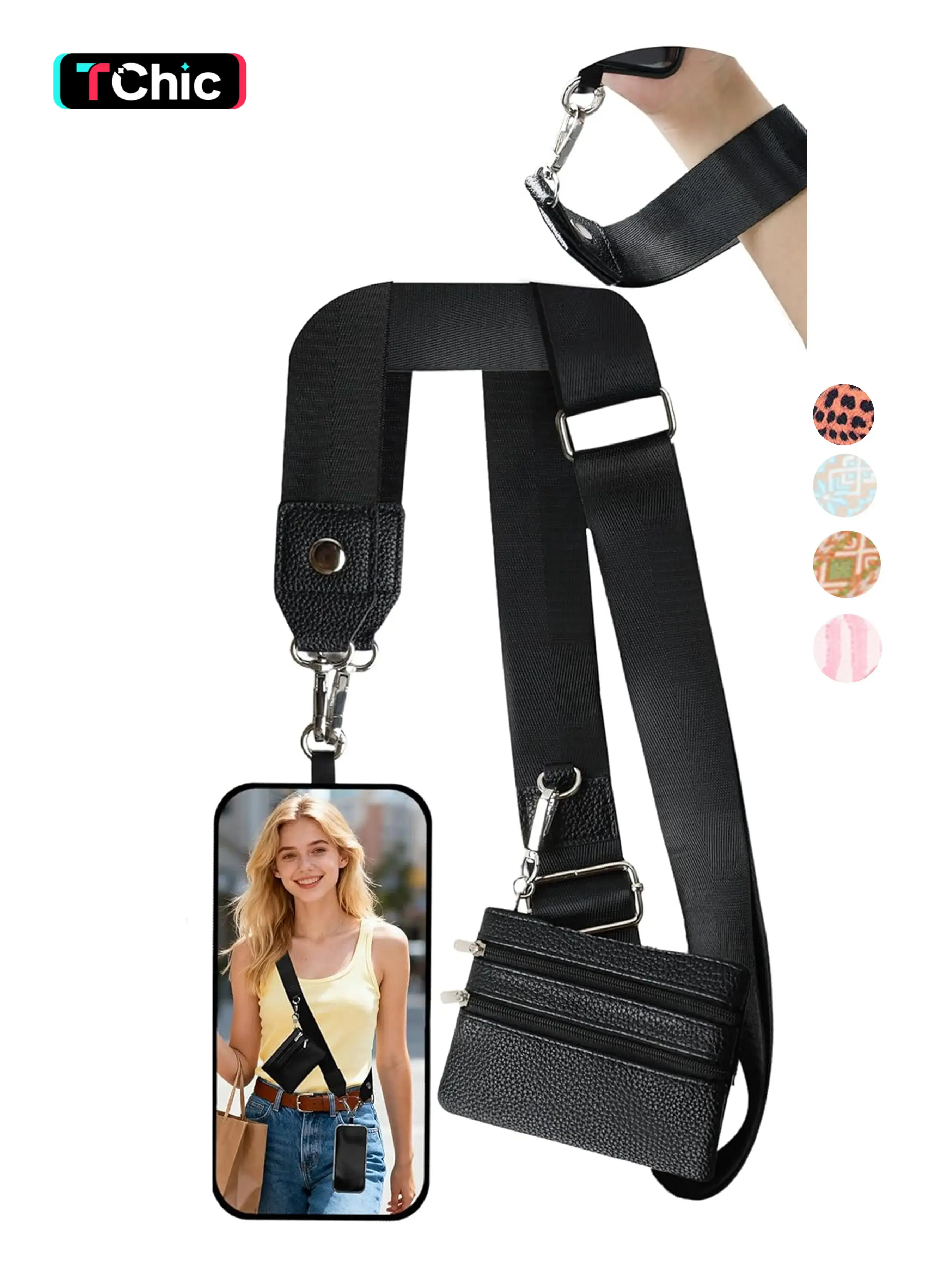 Clip and Go Strap for Phone with Wallet Crossbody, Phone Strap with Zippered Wallet for Cash and Card, Adjustable Anti Theft Cellphone Lanyard for Women, Cellphone Chain Accessories