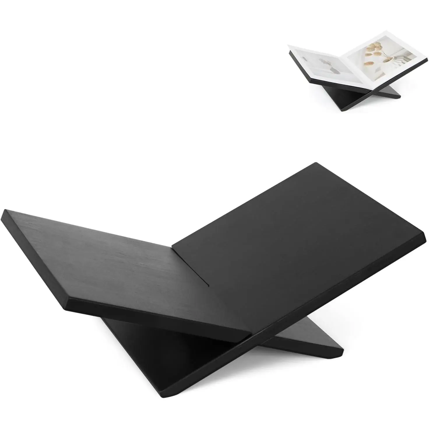 Wooden Open Display Stand with Flat Base - Large Book Holder, Coffee Table Easel for Cookbooks, Bibles, Magazines, Art (Black)