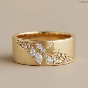 Vintage 18K Gold Leaf Zircon Wide Band Ring, April Birthstone Jewelry, Elegant Inlaid Ring for Valentine's Day Wedding Anniversary Party Daily Wear