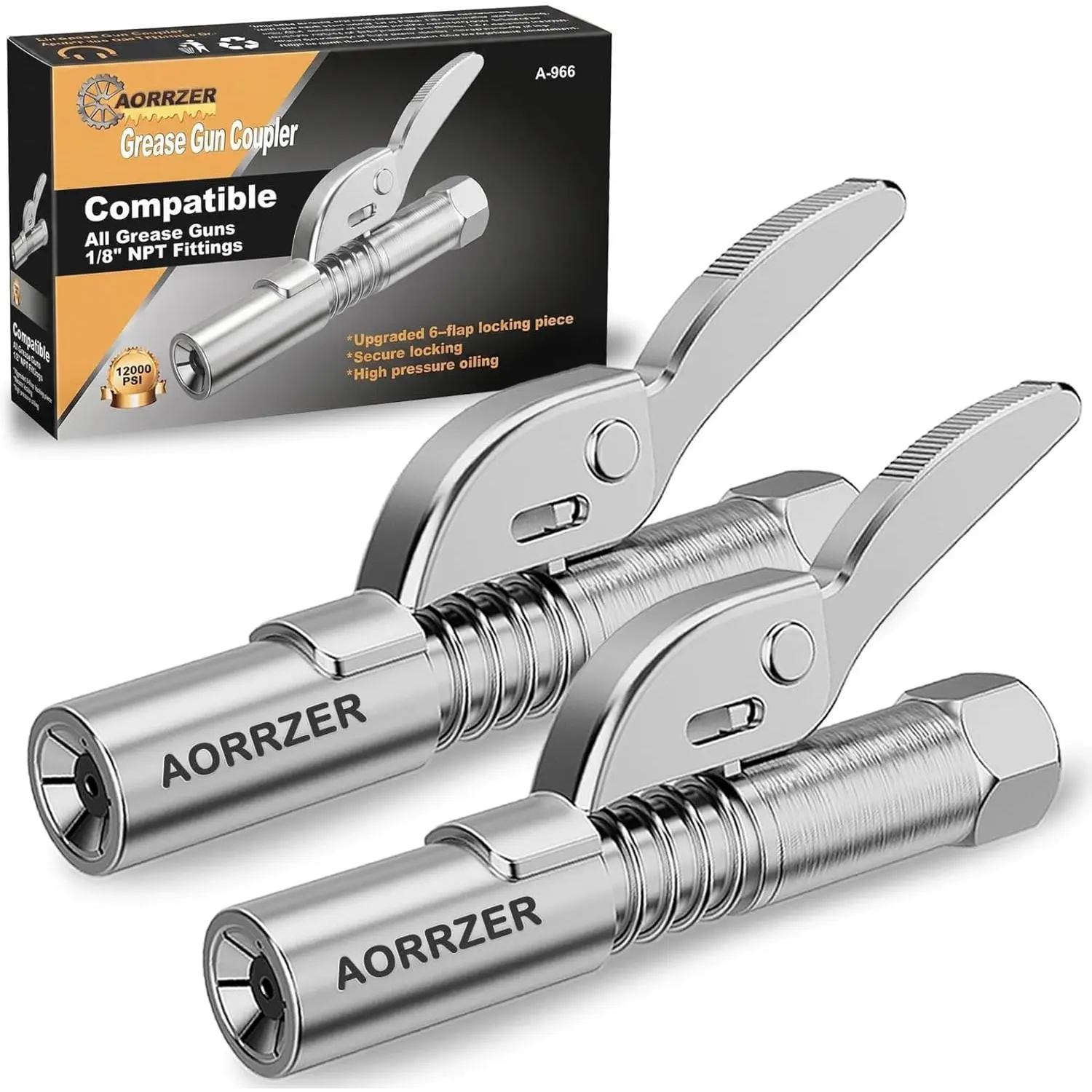 Gun Coupler 2 PCS, Lock-on Greases Gun Couplers| 12000 PSI High Pressure Coupler Quick Release, and Compatible with All Guns 1/8" NPT Gun Fittings﻿