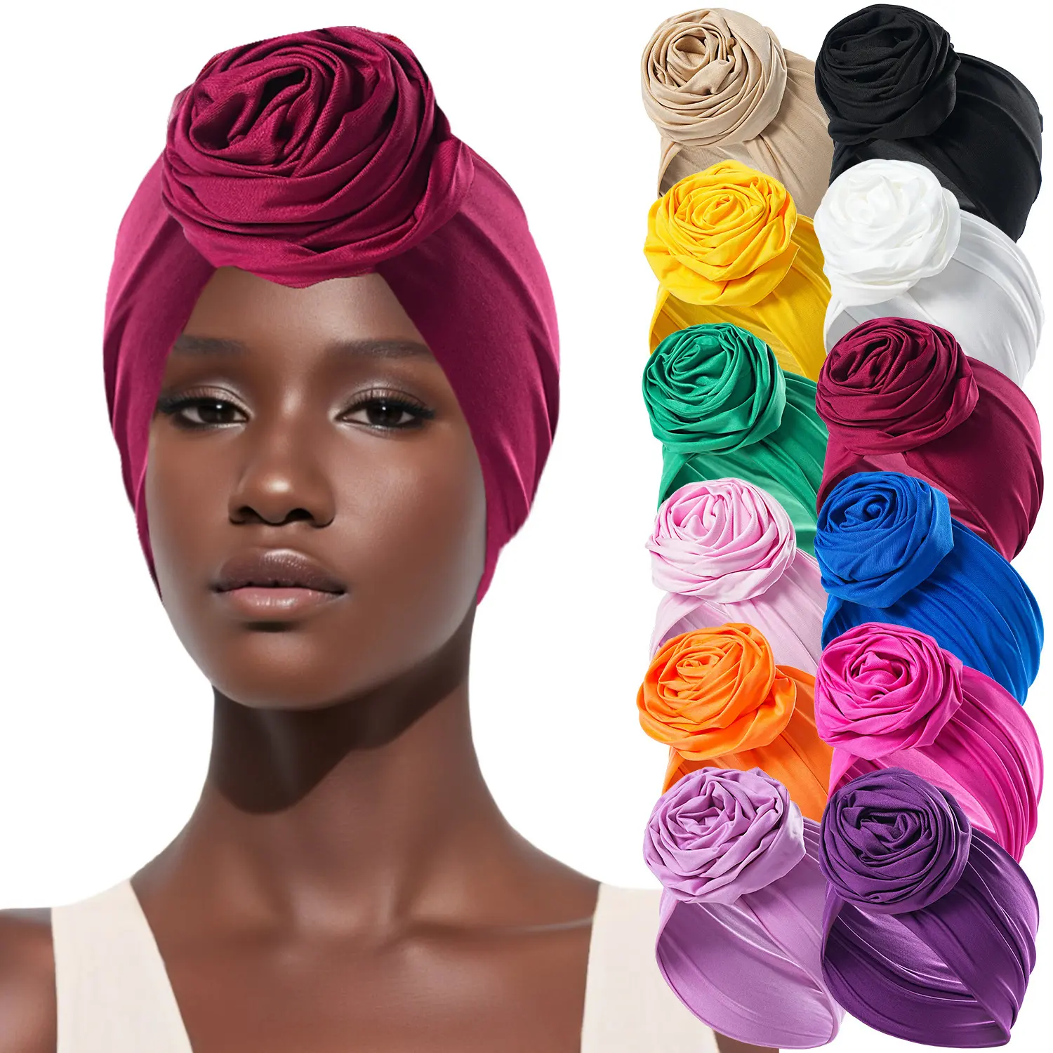 Women's Single-Layer Handmade Rose Turban, Soft Stretch Bright Solid Color Elegant Head Wrap, 1 Size All Seasons Church Wedding Daily Hair Cover