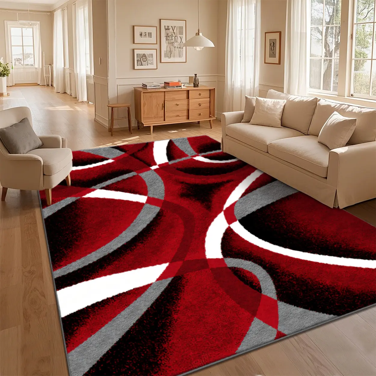 Local Delivery Multi Sizes Velvet Red Black White Intertwined Fluid Curve Abstract Rug Washable Non Slip Boho Farmhouse Runner Nursery Indoor Decor Rug