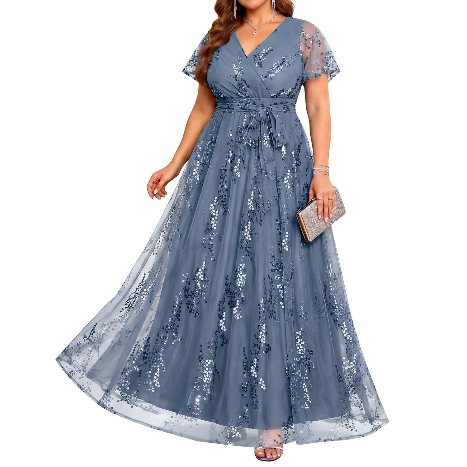 Pinup Fashion Women's Plus Size Formal Maxi Dress - V-Neck, Sequin Embroidery, Empire Waist, Flutter Sleeve, Short Sleeve - Wedding Guest, Mother of the Bride, Bachelorette Party Evening Gown