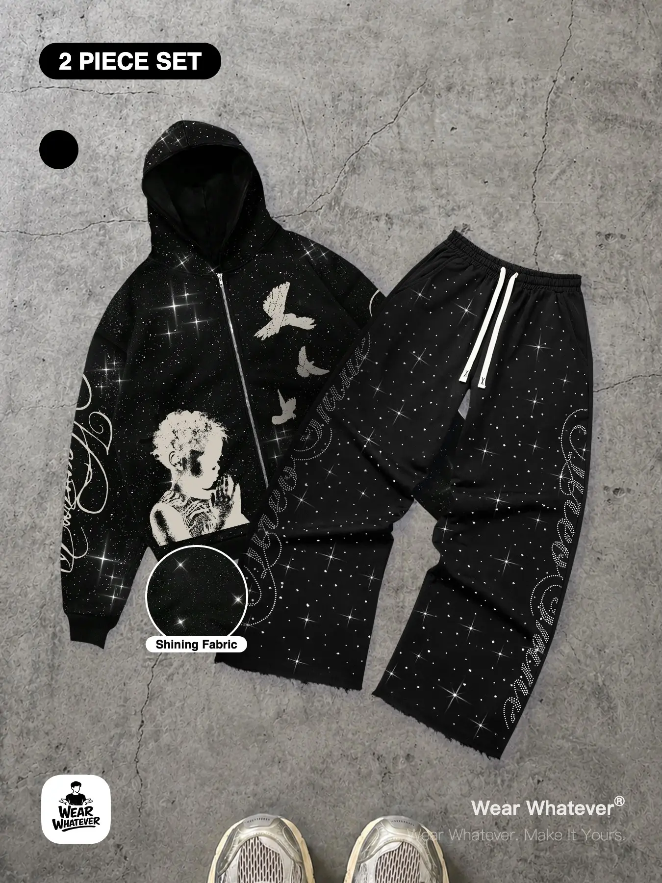 | 2-Piece Set | Wear Whatever Men’s Starry Graphic Hoodie and Sweatpants 2 Piece Set, Shining Galaxy Print Casual Sports Tracksuit with Zip Up Hoodie for Y2K Streetwear, Grunge Fashion and Urban Outfits