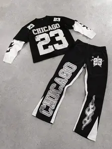 Men's Letter & Figure Patchwork Print Sweatshirt & Drawstring Waist Pants Set, Regular Fit Casual  Streamlined Round Neck Long Sleeve Pullover & Pocket Trousers for Fall & Winter, Streetwear, Men's Two-piece Outfits for Daily Wear