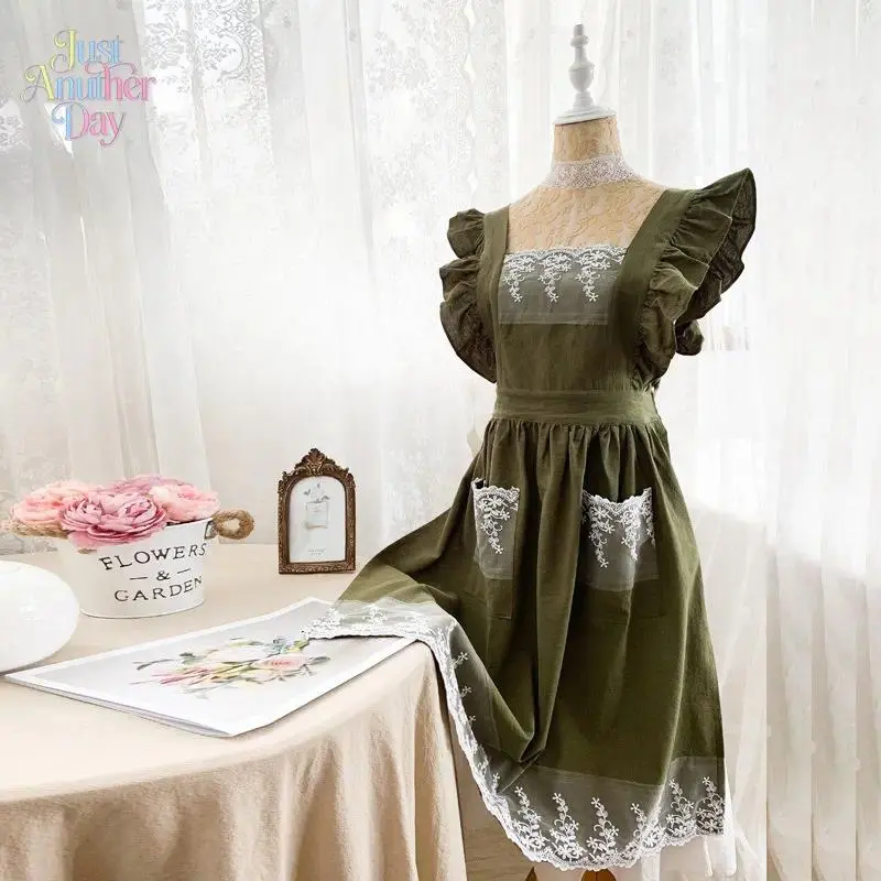 Women's Cottagecore Cotton Apron - Japanese Style Full-Coverage Bib with Lace Ruffles, Pockets for Cooking, Gardening, Sports, Kitchen Apron, Aprons With Pockets