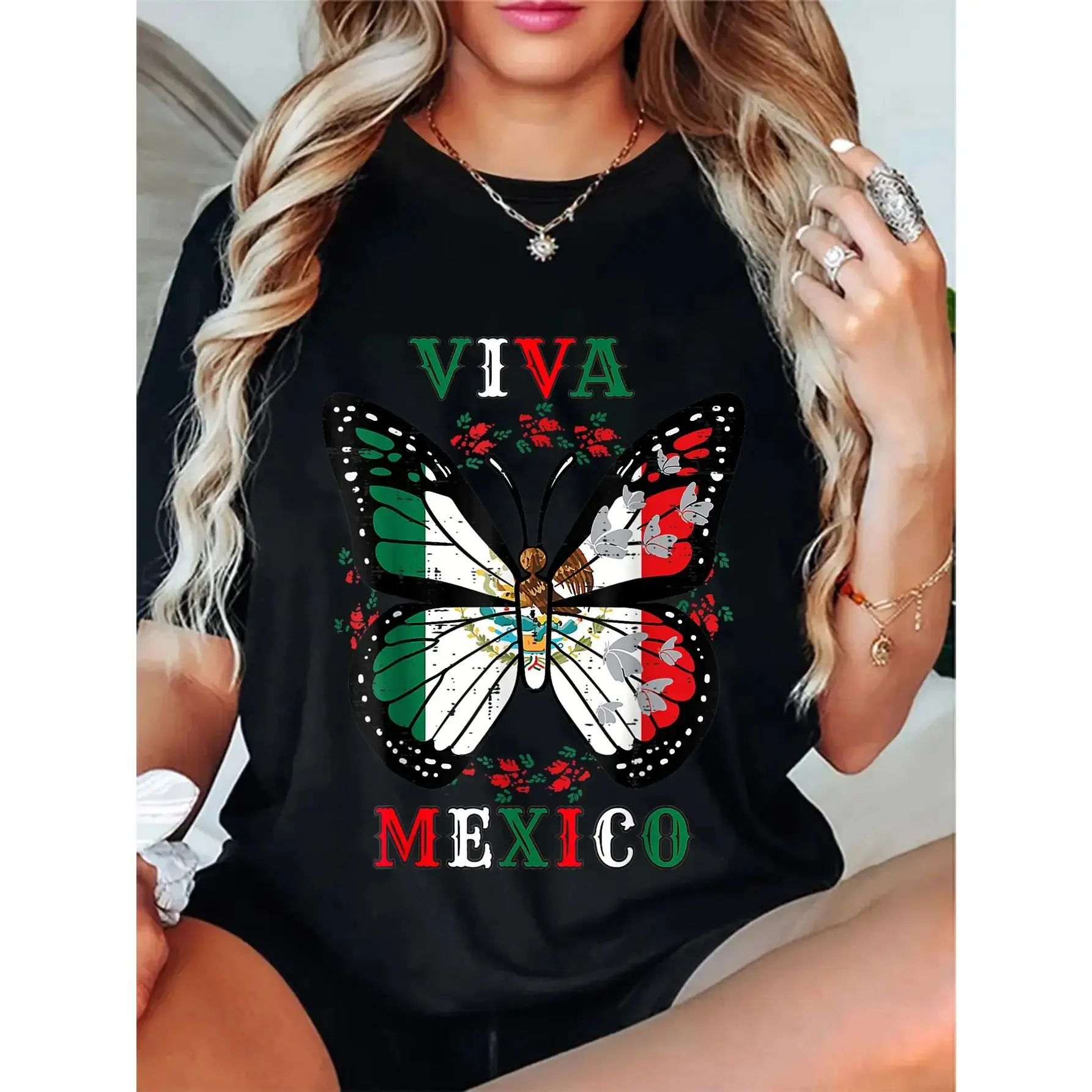 Viva Mexico Graphic T Shirt for Women Men Unisex Black White Short Sleeve Tee Mexican Flag Butterfly Print Shirt Hispanic Pride Casual Crew Neck Summer Outfit Festival Wear Idea