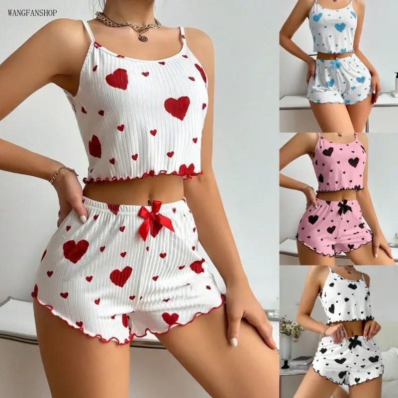 Women Vertical Ribbed Multi Color Heart Print 2 Piece Pajama Set, Adjustable Spaghetti Strap Ruffle Crop Cami & Bow Drawstring Elastic Shorts, Soft Stretch Breathable All Season Cute Sleep Loungewear for Daily Bedroom Valentine Gift Travel Wear,plush,cat,