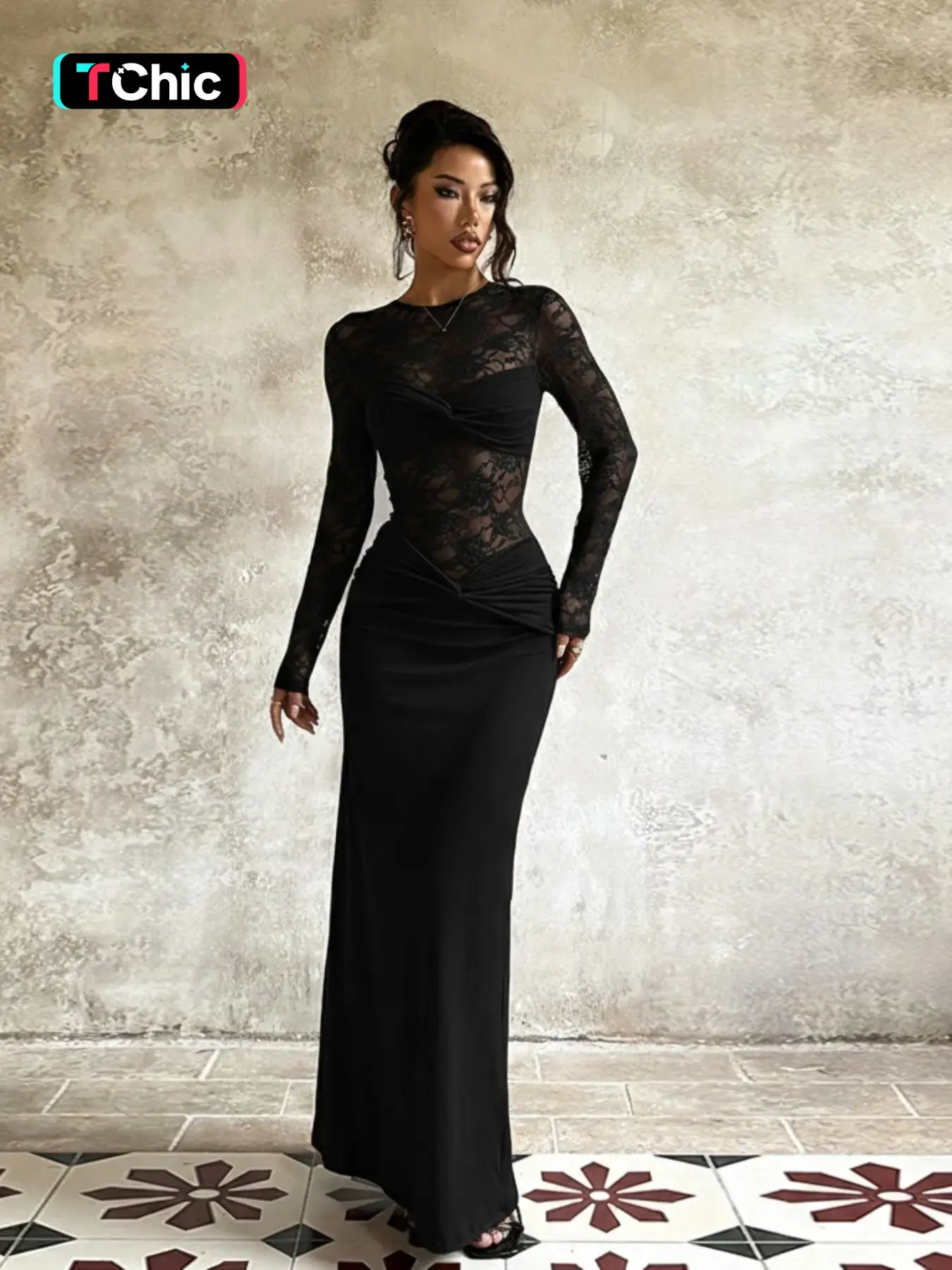 Women's Fall Winter New Long Sleeve Lace Material Dress, Elegant Chic Fashion Design, Elegant Draped Style, Perfect Slim Fit for Casual & Formal Occasions, Elegant Party Apparel, Stylish Women's Clothing, Womenswear, Formal wear