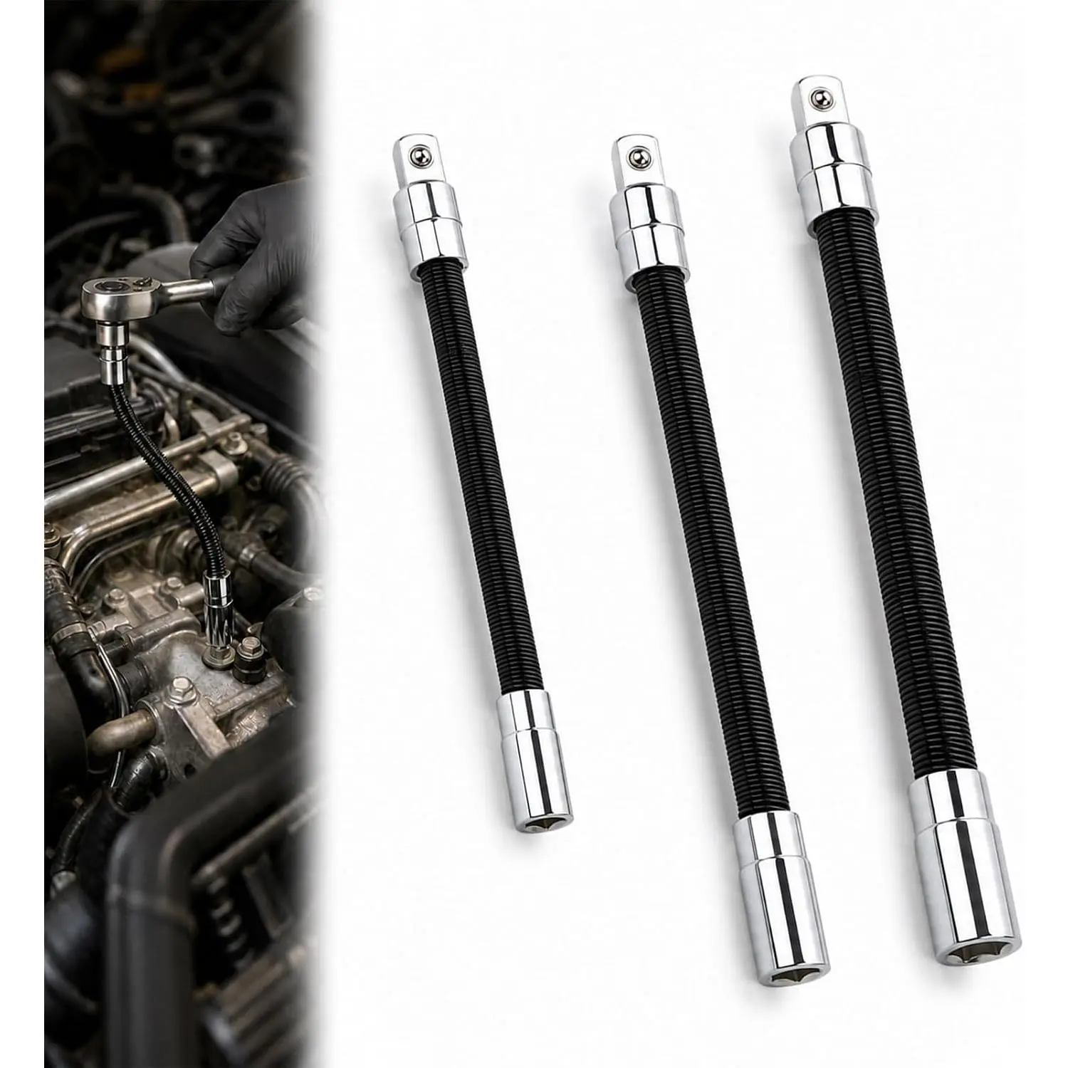3- 1/2-Inch Drive Flexible Socket Extension Set for Tight Spaces | Three size Drive Flexible Socket Extension Set, Bendable Ratchet Extension Bars for Tight Spaces and Automotive Repair