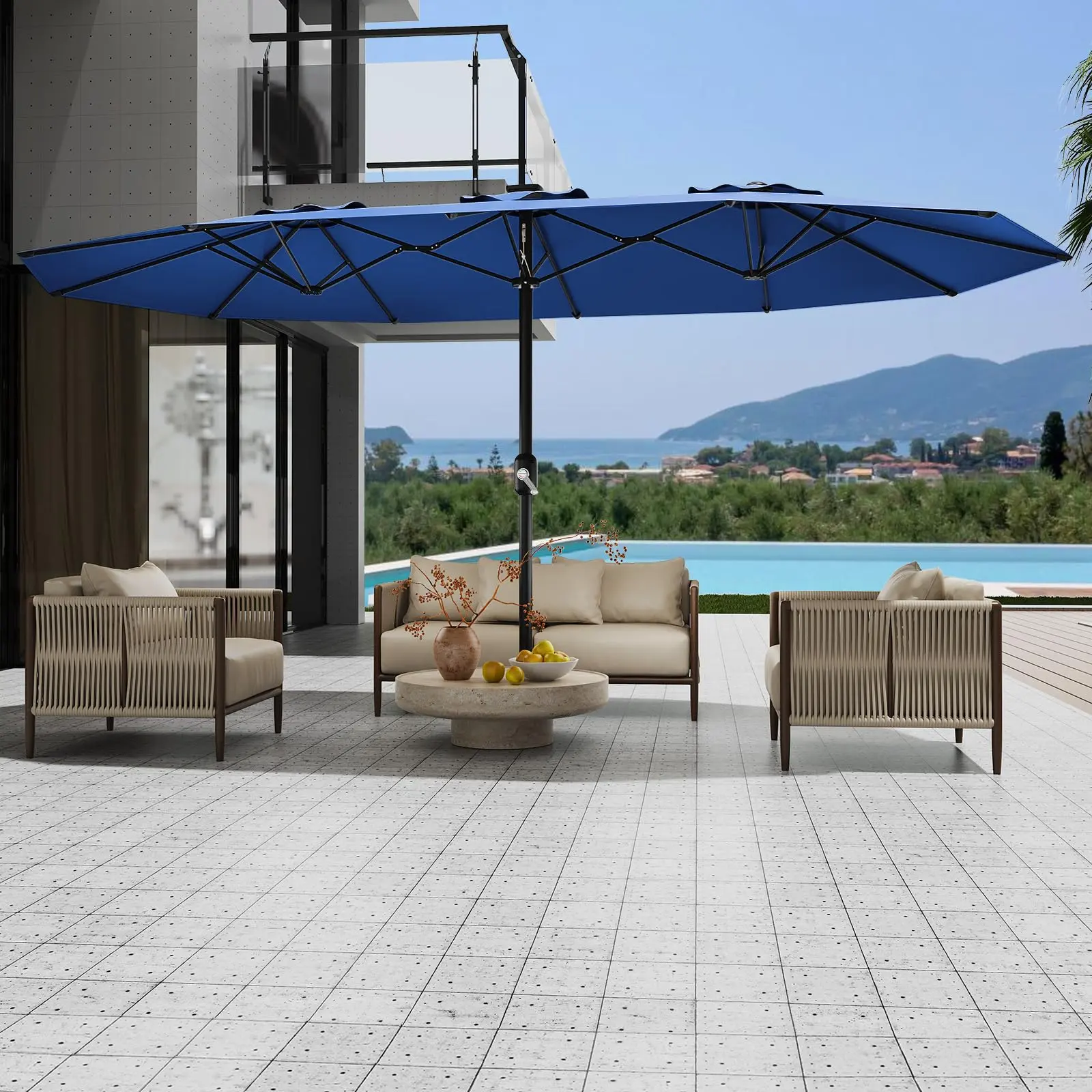 YJ-Garvee 13ft Commercial Patio Umbrella with Double Canopy Extra Large Outdoor Market Umbrella Sun Shade,Waterproof,UV protection, for Restaurant, Poolside and Backyard Use, Without Base Weight,Navy Blue