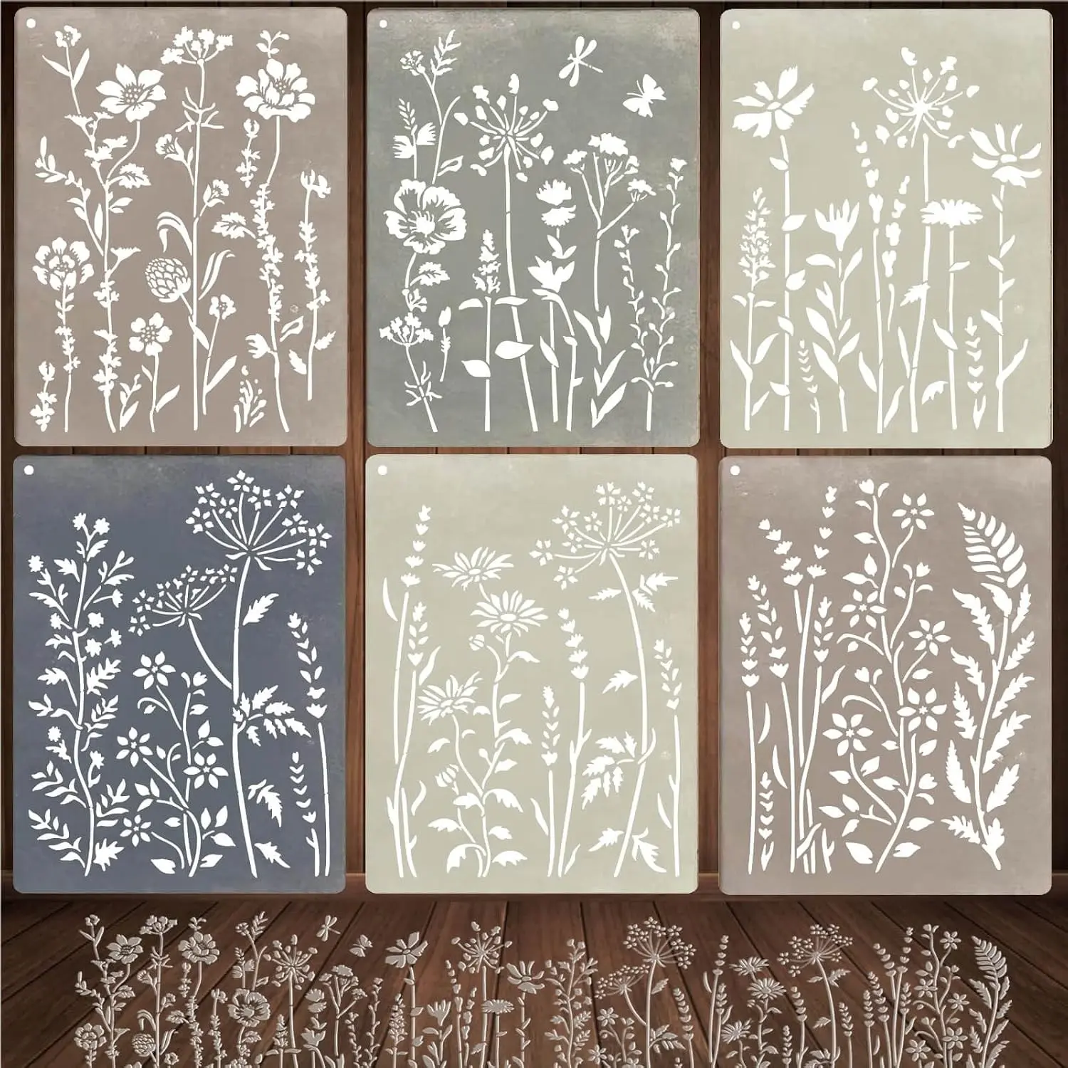 6-Piece Wildflower Stencil for Painting, Large Reusable Floral Modular Stencil Kit for DIY Furniture Decor Wood Walls & Home Art