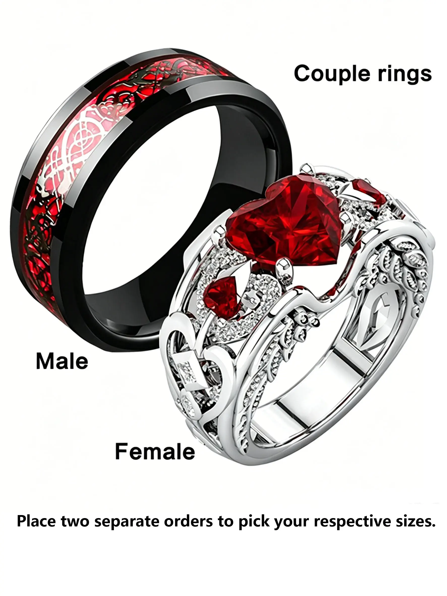 Eternal Love Heart Ring Set, Heart-Shaped Ruby Women's Ring, Men's Red Ring Jewelry, Celtic Red Dragon Ring, Couple Ring, Matching Promise Rings, Wedding Ring, Engagement, Promise Ring, Beautiful Rings, Perfect Gift