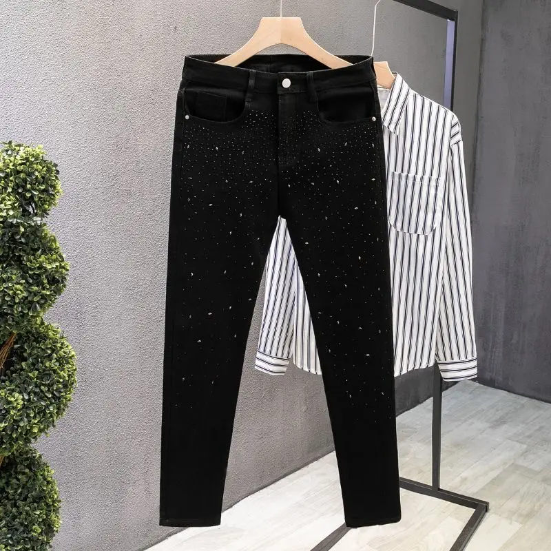 Men's Rhinestone-Embellished Denim Fabric Fashion Jean Bottoms - 2026 "Starry Sky" All-Over Print Casual Streetwear Jeans