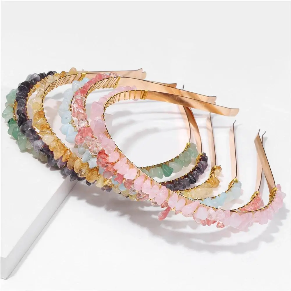 Women's 1PC Irregular Natural Chip Stone Crown Headband - Bead Embroidered, Inlaid Aquamarine Amethyst Gravel Beads, Handmade Crystal Stones Hair Hoop, Bridal Formal Hair Accessories for Wedding, Party, Bead Embroidered Headbands, Bridal Headbands