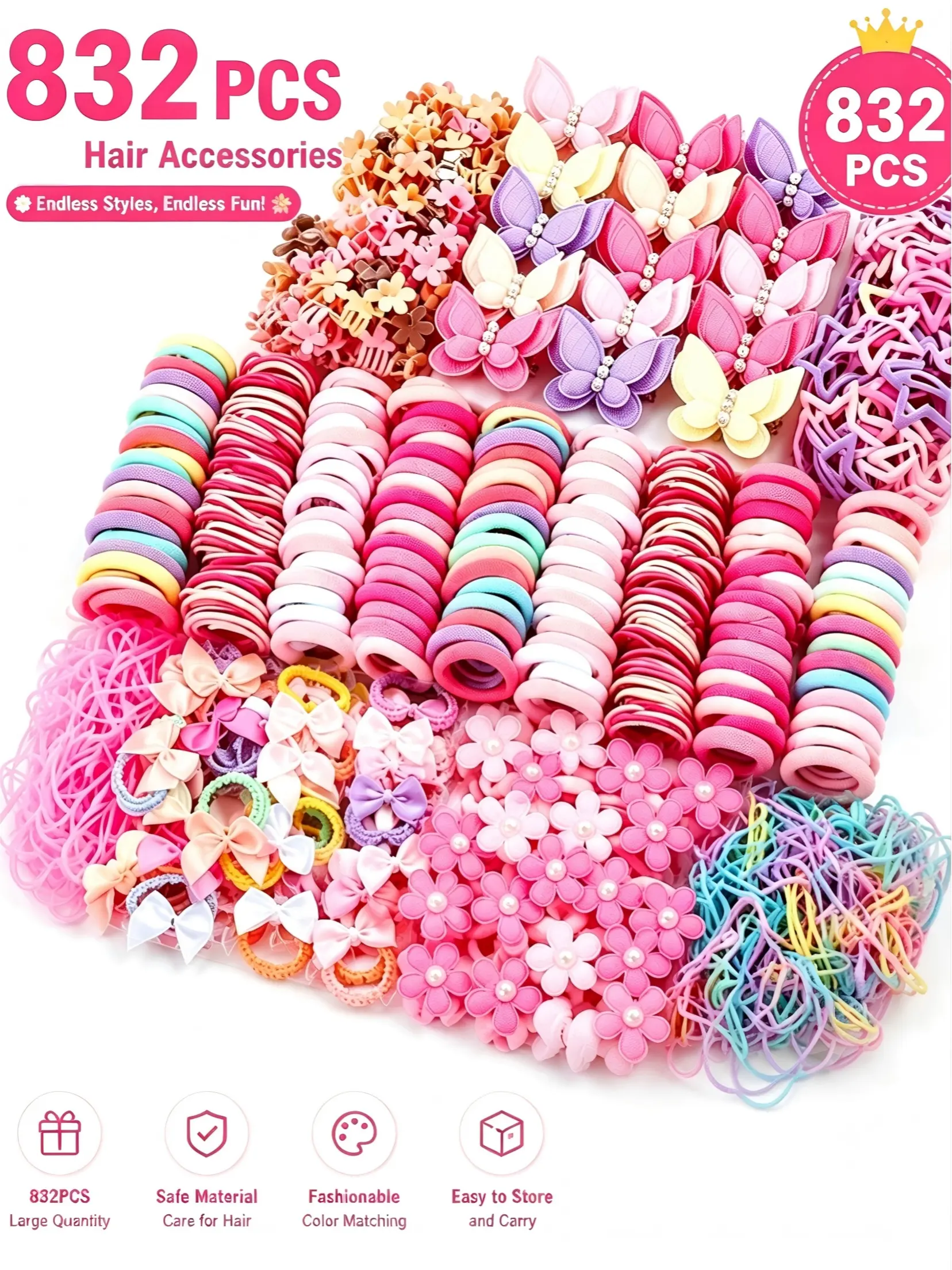 832-Piece Pink Hair Accessories Set for Girls, Cute Bow Hair Ties, Flower Hair Clips, Side Clips, Duckbill Clips, Claw Clips and Soft Hair Ties for Daily Hairstyles and Creative Styling