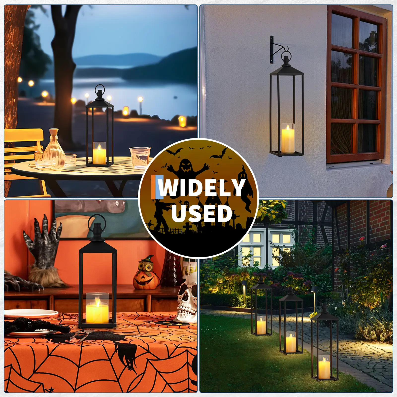 Set of 3 Large Black Metal Candle Lanterns with Flameless LED Candles – Open Frame Farmhouse Candle Holders – Indoor Outdoor Decoration for Porch, Patio, Garden, Living Room, Halloween, Christmas – Sizes 17", 19", 22"