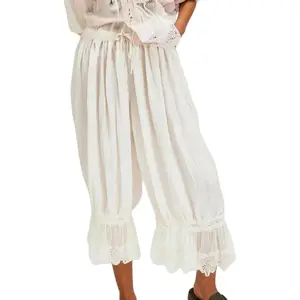 Women Lace Trim Long Bloomers Elastic Mid Rise Ruffle Pantaloons Cropped Flared Slips Pants Pajama BottomsGift.