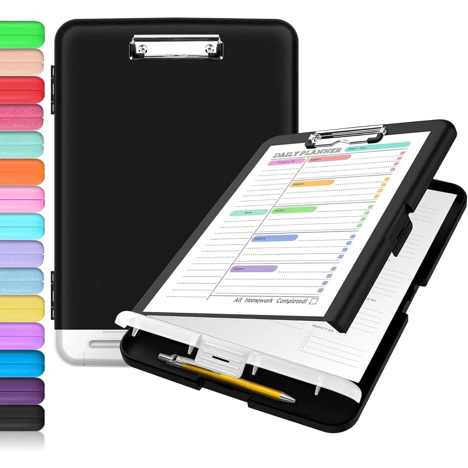 Clipboard with Storage, Clip Board 8.5 x 11 with Pen Holder, Plastic Organization Case Box for Letter Legal A4 Size Paper, Low Profile Clip, Nurses Teachers Must Haves, School & Office Supplies, High Quality, Wall Hanging, Polypropylene, Available In 7 Co