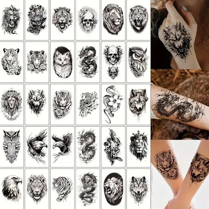 30 Pcs Temporary Tattoos, Waterproof Body Stickers, Skull Dragon Tiger Leopard Eagle Owl Designs, Party Makeup, Party Ready, Unisex, Festival Essential