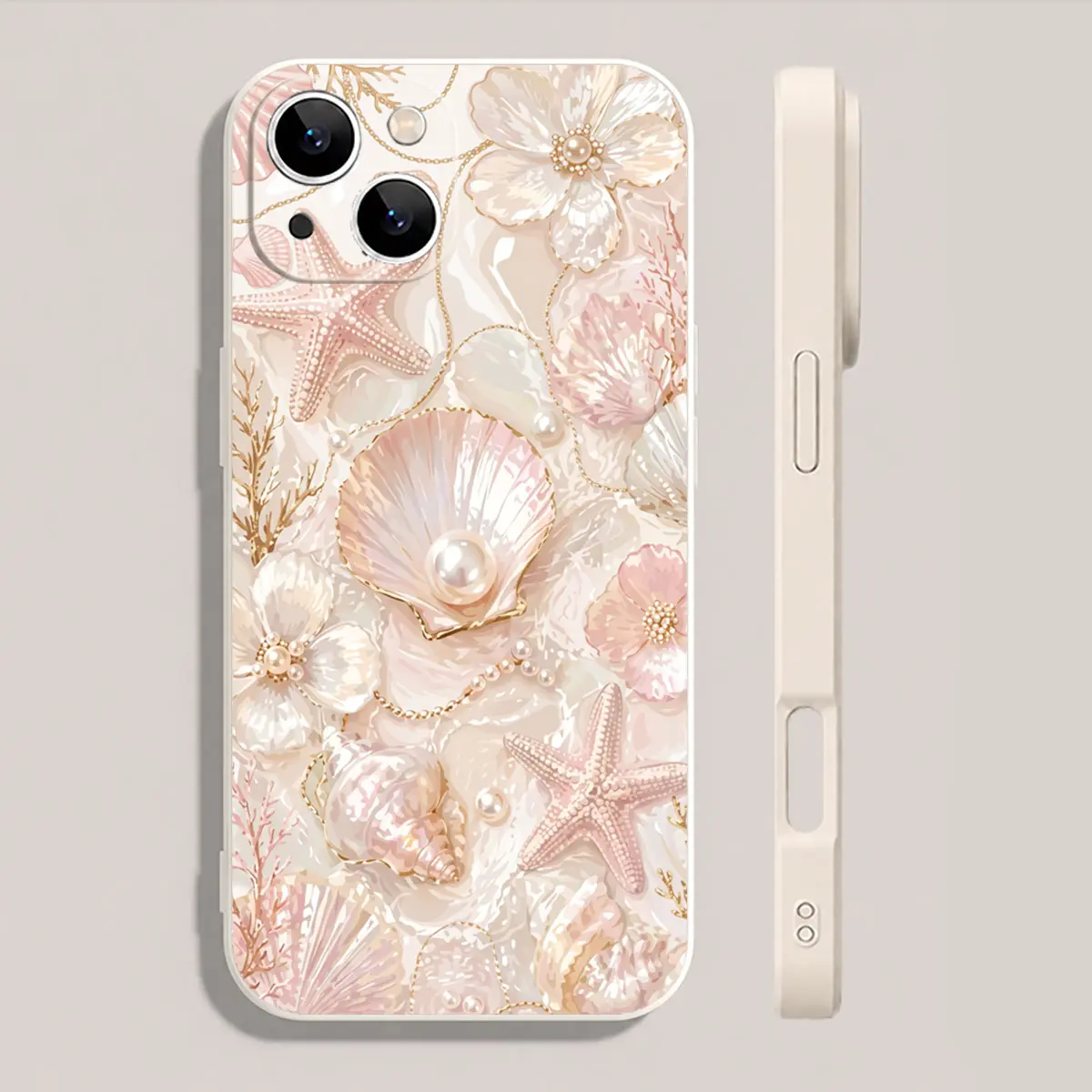 Blush Pearl Seashell Starfish Phone Case, Coastal Mermaidcore Full Coverage for iPhone 17 16 15 14 13 12 11 X Plus Pro Max, Beach Lover Gift
