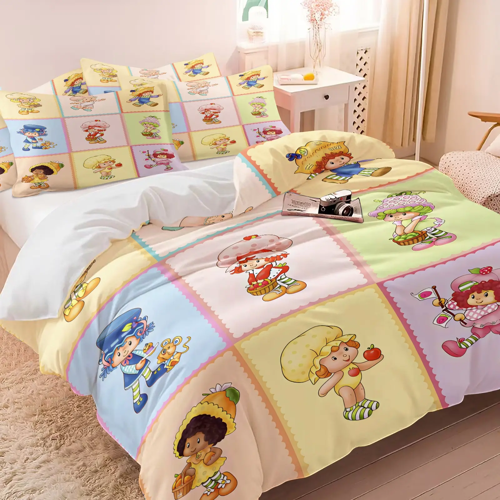 3PCS Pastel Grid Strawberry Cartoon Girl Duvet Cover Set (1 Duvet Cover + 1-2 Coreless Pillowcases), Color Grid Cute Fruit Character Print, Soft Comfy All Seasons Summer Vibes Bedding Set, Ideal for Sweet Kawaii Little Girls Bedroom Dorm Decor