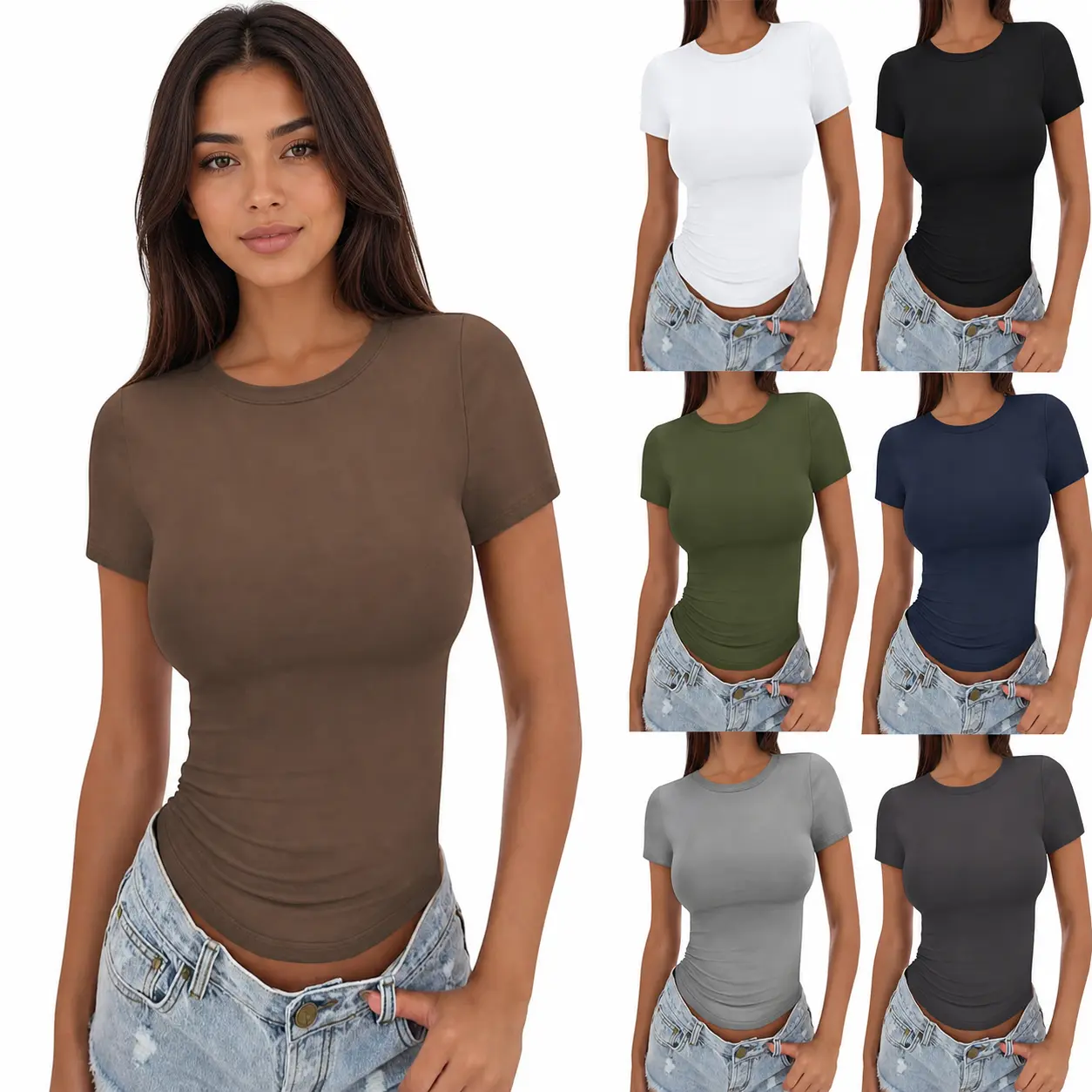 Women's Basic Short Sleeve Crew Neck T Shirt, Solid Color Slim Fit Longline Tee with Curved Hem, Casual Fitted Spring Summer Top, Cute Chic Trendy Y2K Going Out Shirt for Layering, Streetwear, Work, Office, Travel, Vacation, Workout and Everyday Wear