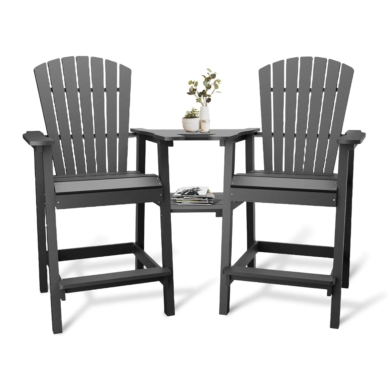GARVEERecycled Plastic Adirondack Bar Height Stools with Connecting Drink Tray, Set of 2, Available in Grey, Black, and Navy Blue - Ideal for Patio, Poolside, Garden, and Outdoor Counter Height Seating