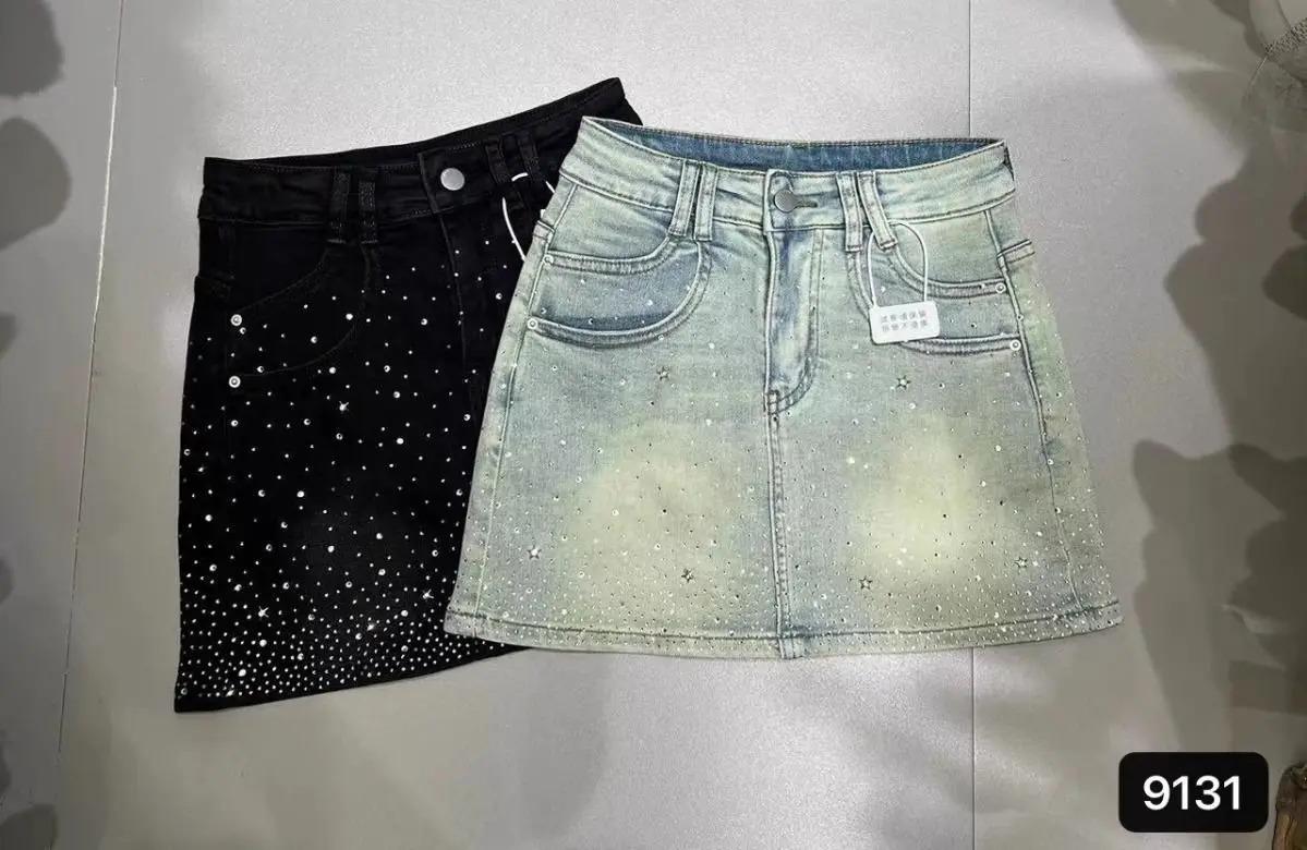Rhinestone Denim Skirt for Women 2025 Summer New Retro Slimming a-Line Sheath Denim Skirt Womenswear Bottom Fit Bodysuit Vintage Adjustable