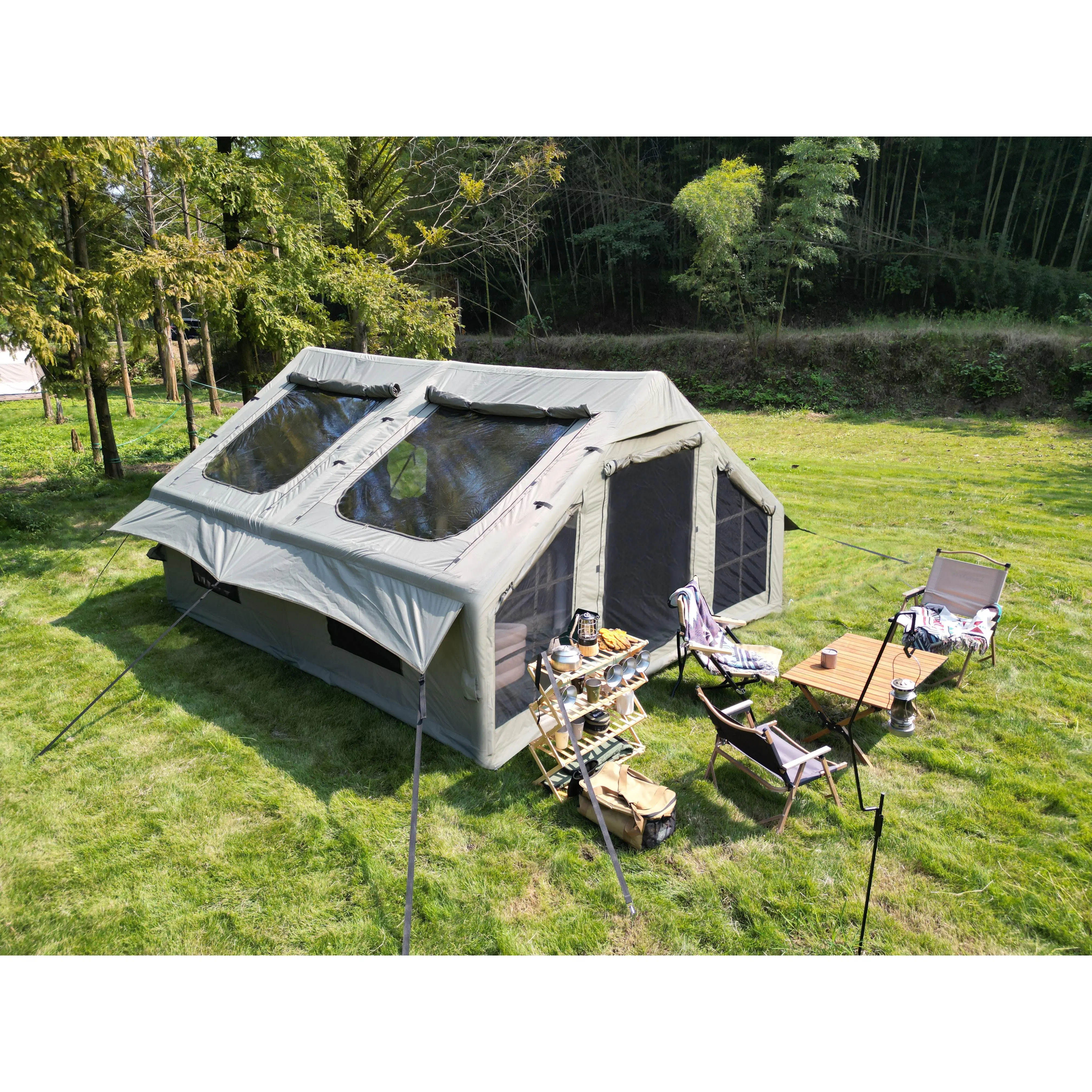 ARCH 9.8x13ft Inflatable Camping Tent with Hand Pump, Easy Setup Waterproof Windproof Blow Up Tent for 4 Person, 4 Season Oxford Cabin Tent with Mesh Windows and Chimney, Army Green Polyester, Army Green Color Options, Polyester Material