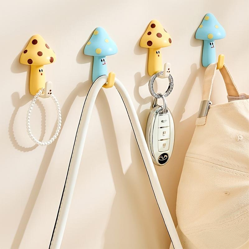 Set of 4Cute Cartoon Mushroom-Shaped Hooks, Self-Adhesive And No-Drill Wall-Mounted Hooks, Creative Key Holders, Coat And Towel Storage Racks, Bathroom And Kitchen Wall Decor (Blue + Yellow)