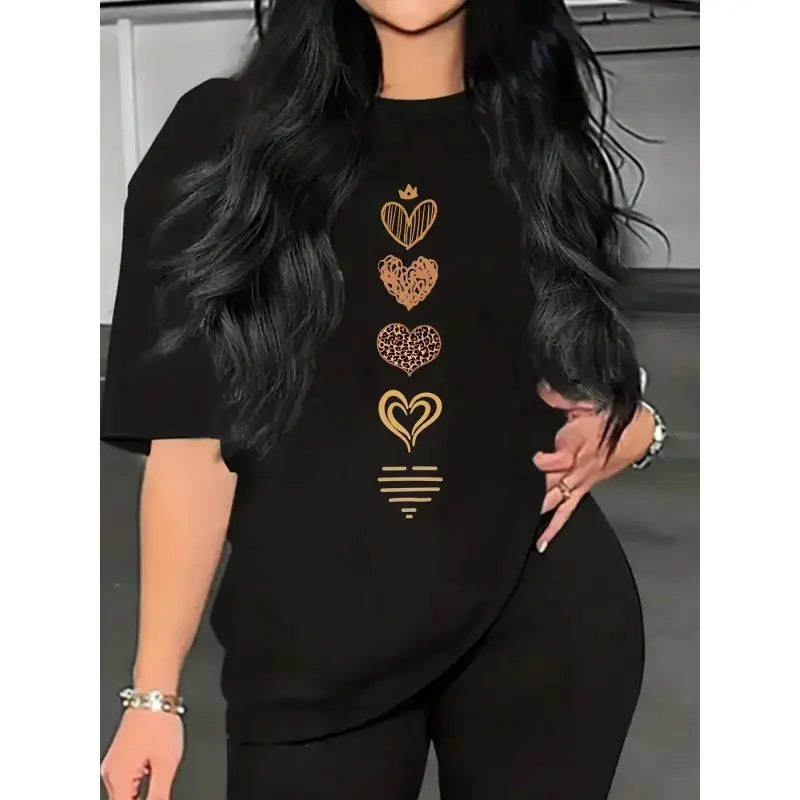 Women's Graphic Heart Print Casual Short-Sleeve Crew Neck T-Shirt, Versatile for Commute, 1-Piece Top