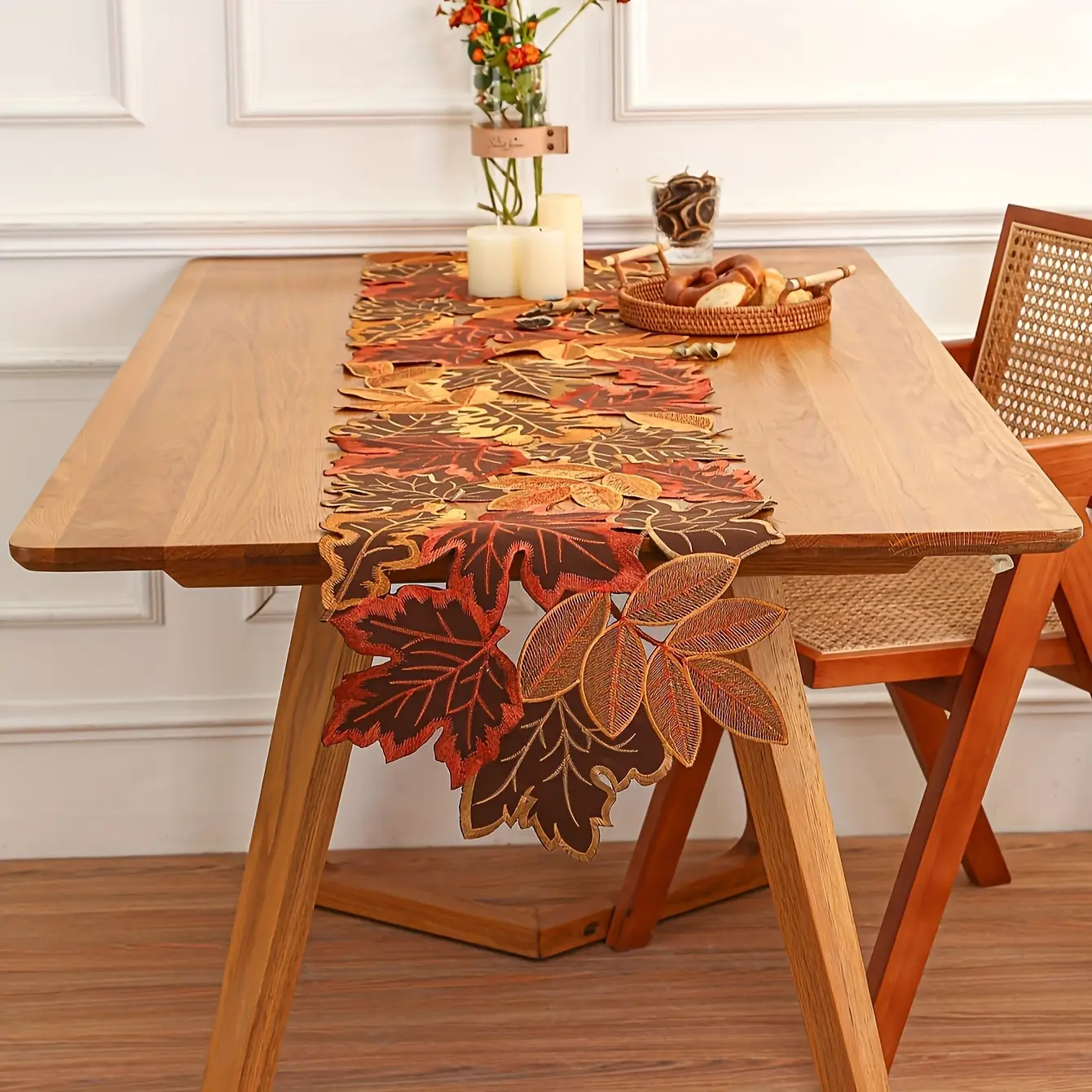 Autumn Fall Maple Leaf Table Runner, Hollow Embroidered Embroidery Harvest Decor, Thanksgiving Farmhouse Style, Kitchen Dining Party Decoration