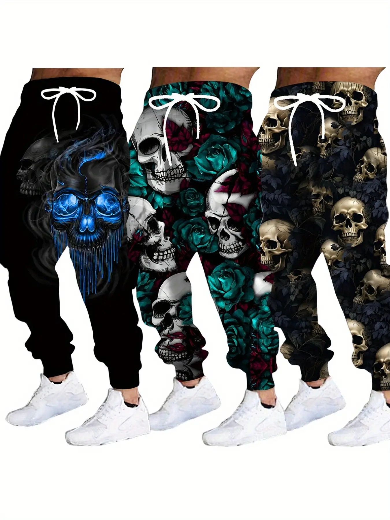 3-Pack Skull Print Sweatpants Set, Casual Ankle-Length Pants, Drawstring Waist, Geometric Design, All-Season Streetwear for Men