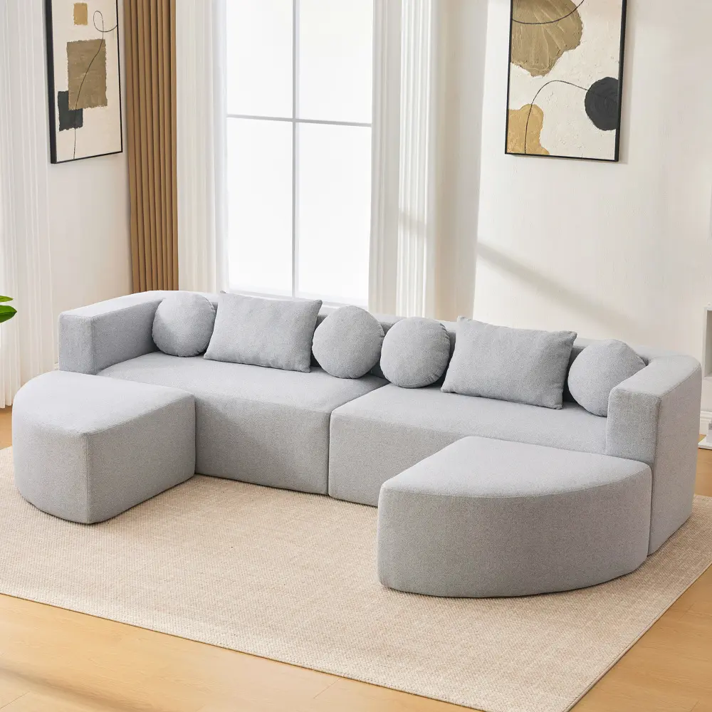 Boneless Couch Modular Sectional Sofa 114.9" Free-combined Sofa Couch Sofa Bed Compression Sofa with Deep Seating and Curved Design for Living Room, Grey