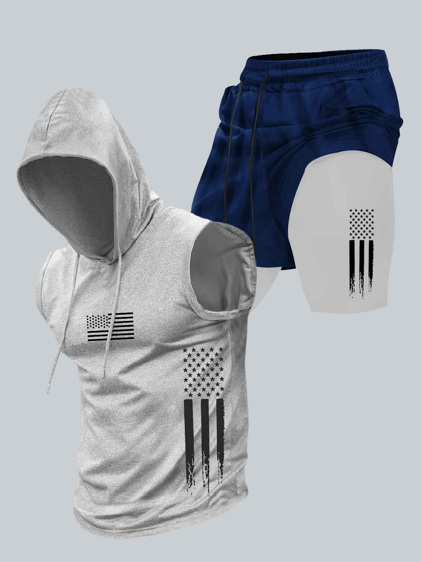 Two-Piece Set Men's American Flag Print Hooded Tank Top & Shorts Set, Regular Fit Casual Athletic Fashion Activewear Sleeveless Top & Shorts, Men's Summer Clothes