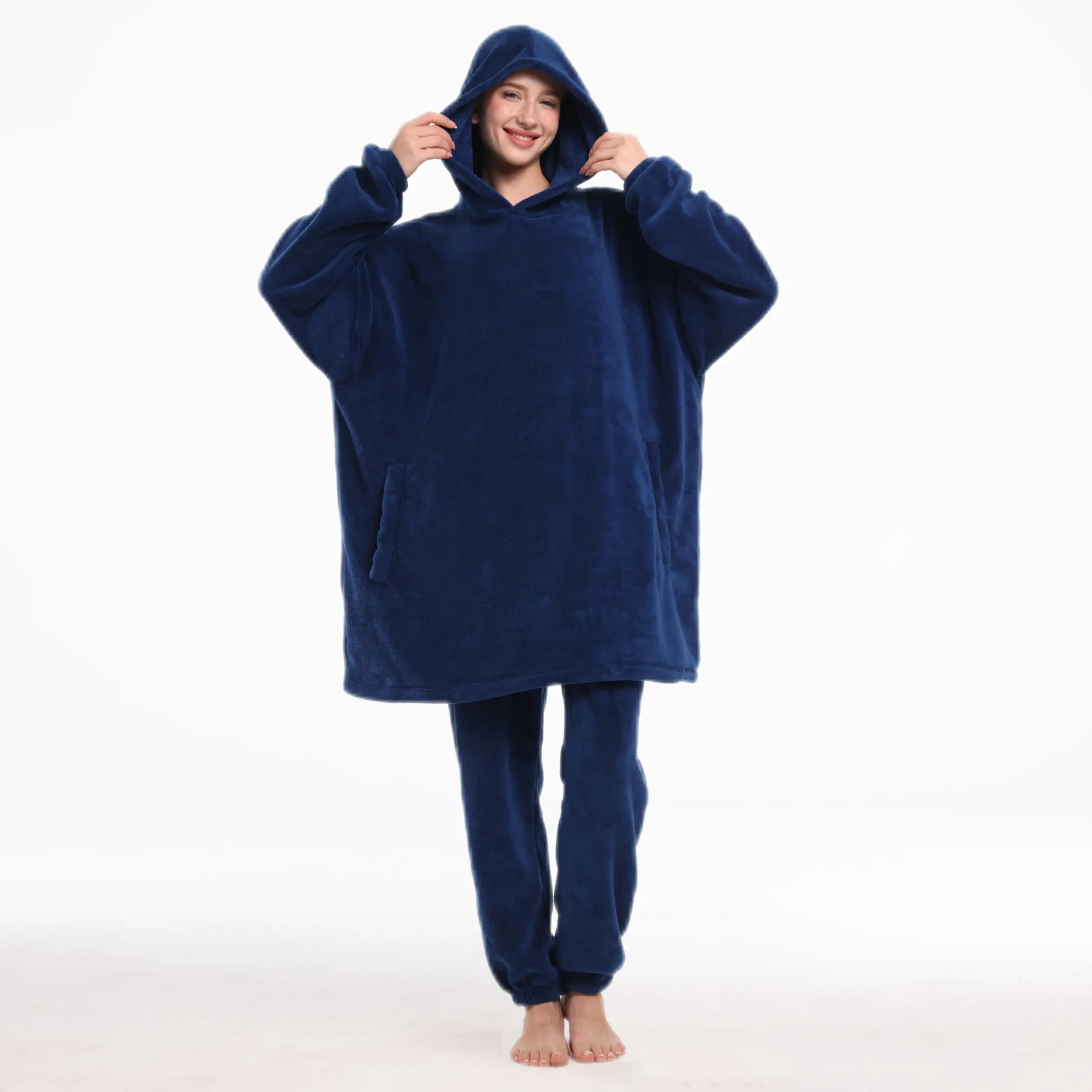 Classic Fall Winter Loungewear Set, Unisex Hooded Pajamas with Pockets, Thick Warm Blanket, Essential Home Wear