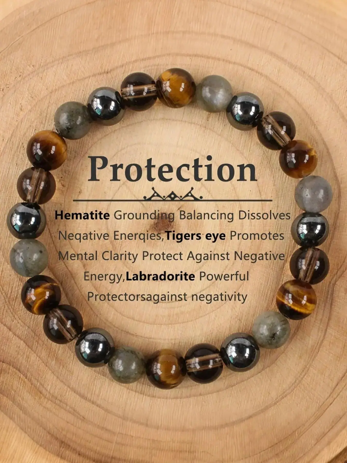 8mm Black Onyx & Hematite & Tiger's Eye & Labradorite Protection Bracelet, Grounding Stone for Mental Clarity, Dissolve Negative Energy, Protective Accessory, Dainty Crystal Bracelet, Healing Crystal Bracelet