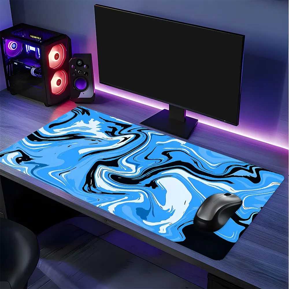 Abstract Blue Pigments Pattern Mouse Pad, Rectangular Gaming Mouse Pad, Office Desk Keyboard Mat, Computer Desk Pad with Non-Slip Rubber Base & Stitched Edge for Home & Office Gaming, Desk Accessory, Computer Accessories for Desk, Desktop Accessories