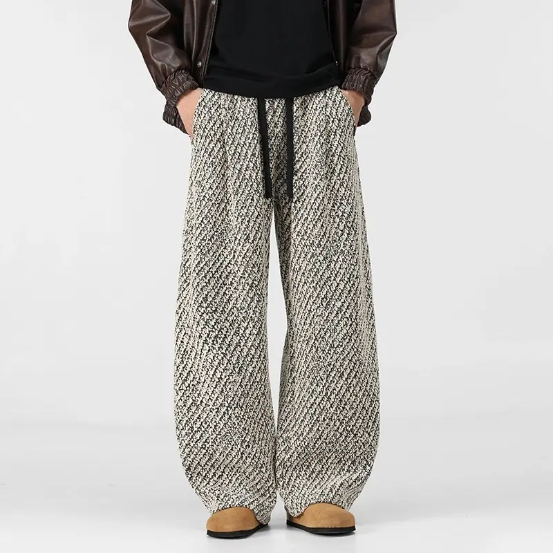 Textured diagonal‑weave wide‑leg trousers with drawstring waist, side slip pockets, heavy speckled knit fabric and oversized baggy silhouette for retro loose‑fit street‑style daily outfits # sohochic