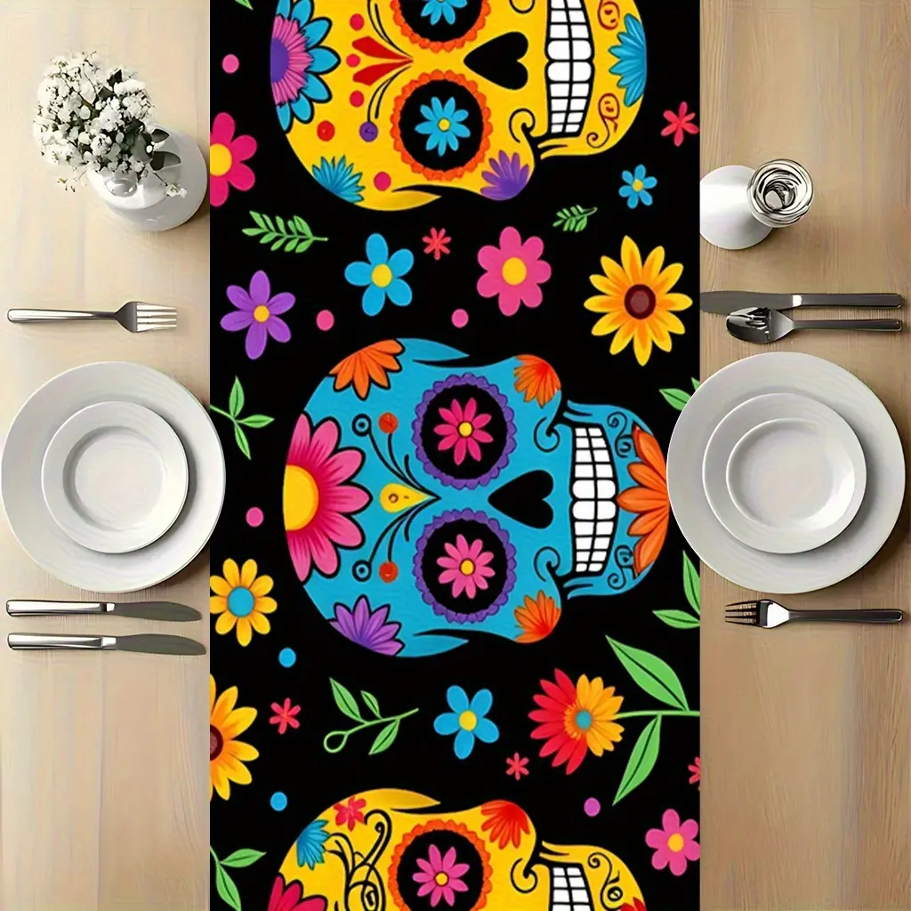 [JIT] 1 piece of 2D Flat printing, "Day of Death" sugar skull, printed table flag, decorative polyester rectangular tablecloth for indoor/outdoor use, highly suitable for kitchens and banquets.