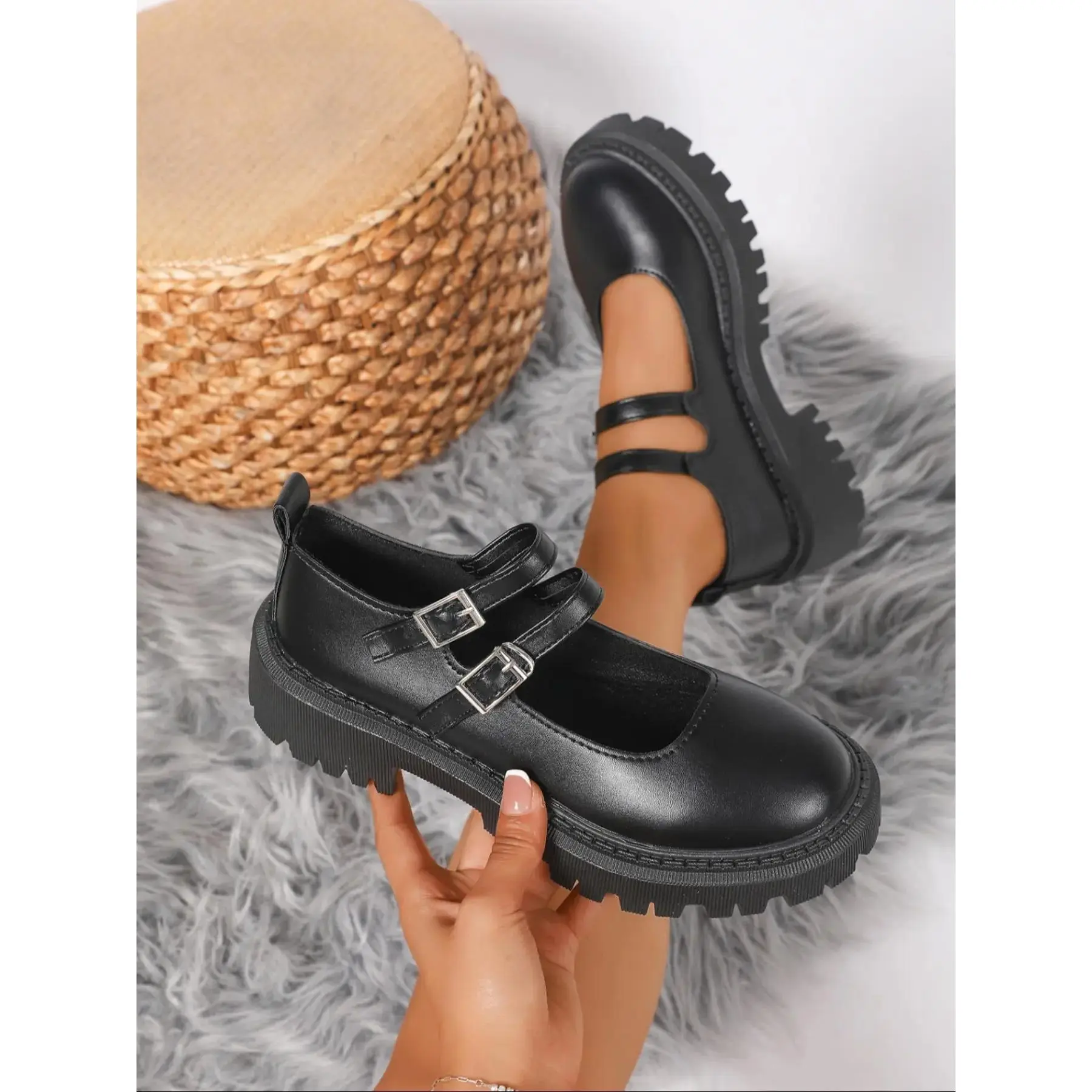 YYW1 Women's PU Leather Plain Casual Mary Janes, Dual Design, Vintage Style, Thick Sole, Double Buckles, Ideal for Dresses & Pants