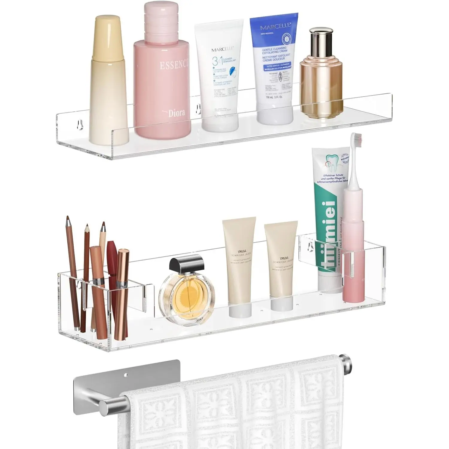 Bathroom Shelves Wall Mounted: Clear Floating Shelf with Hand Towel Bar, 14.9in   Shelves Over Toilet, Set of 3 Bathroom Organizers Rack for  Care, Perfume, Lotion, Storage
